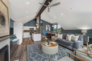 Smart TV, caminetto, libri, studio