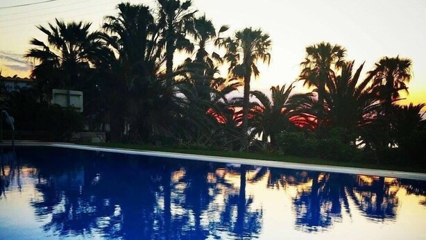 A swimming pool with reflections of palm trees and a sunset. - Babis Hotel (Rethymno)