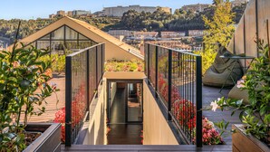 Une terrasse sur le toit, dotée d’un sol en bois, de garde-corps en métal et offrant une vue sur le paysage urbain en arrière-plan.