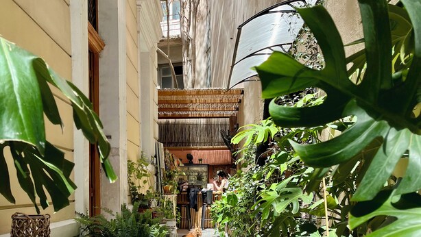 Un patio estrecho con macetas, una mesa y sillas, rodeado de edificios.