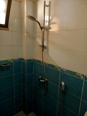Douche, séchoir à cheveux, serviettes fournies, savon