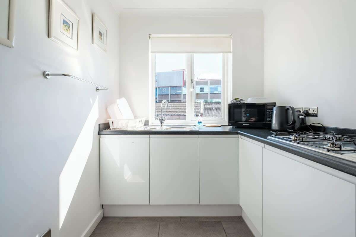 Fridge, microwave, stovetop, electric kettle