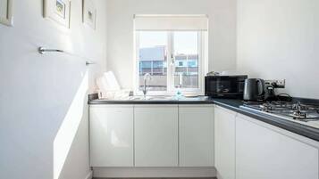 Fridge, microwave, stovetop, electric kettle