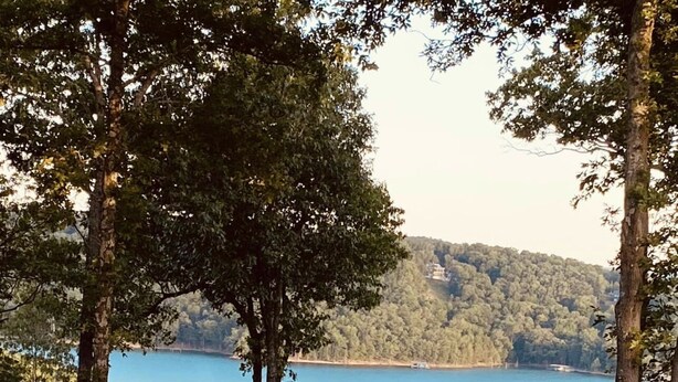 A wooden deck with a swing set overlooking a lake, surrounded by trees and a grassy area. - Eureka Springs, AR. Cozy log cabin studio, sleeps 2-4.Lake view- 15 min to town  (Eureka Springs)