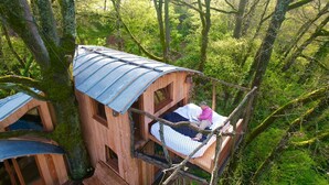 A treehouse with a metal roof and a wooden deck, surrounded by dense forest.