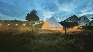 A tent set up in a grassy field with string lights. - 18th century farmhouse on the foothills of Wicklow (Gorey)
