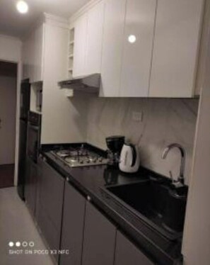 Fridge, microwave, oven, electric kettle