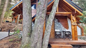 Une cabane avec un toit en pente, un revêtement extérieur en bois, des marches en pierre et une terrasse aménagée avec du mobilier d’extérieur.
