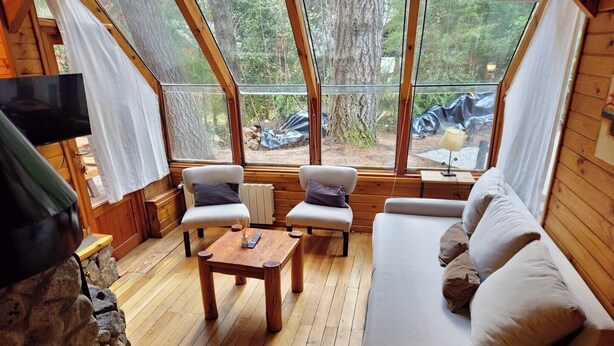 L’intérieur chaleureux d’un chalet avec une cheminée en pierre, des meubles en bois et de grandes fenêtres donnant sur la forêt.