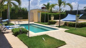 Relax by the rectangular pool surrounded by palm trees and lounge chairs.