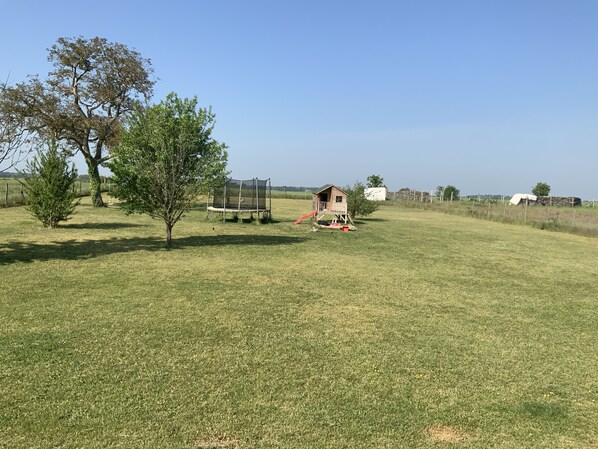 Un campo cubierto de césped con un trampolín, una casita de madera y un árbol.