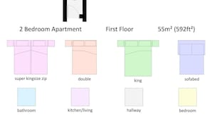 Grundriss einer 2-Zimmer-Wohnung mit Bad, Küche, Wohnbereich und Flur.