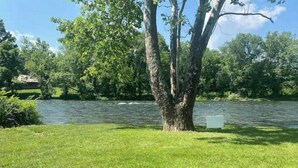 Un río con una orilla cubierta de hierba y árboles.