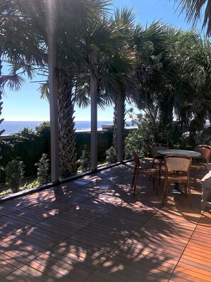 Eine Holzterrasse mit Gartenmöbeln, umgeben von Palmen und mit Blick auf ein Gewässer.