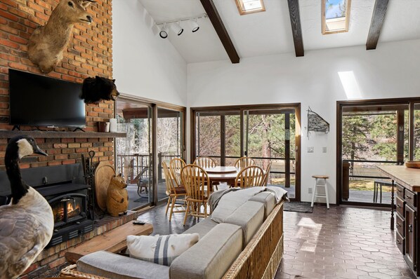 Smart TV, fireplace, books