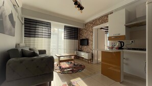 Uma sala de estar moderna com um sofá cinza, uma mesa de centro e um tapete estampado. Há uma área de cozinha com um fogão, uma pia e uma televisão fixada na parede.