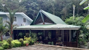 A house with a green roof, surrounded by lush greenery and potted plants. - Casas Guaney (Quepos)