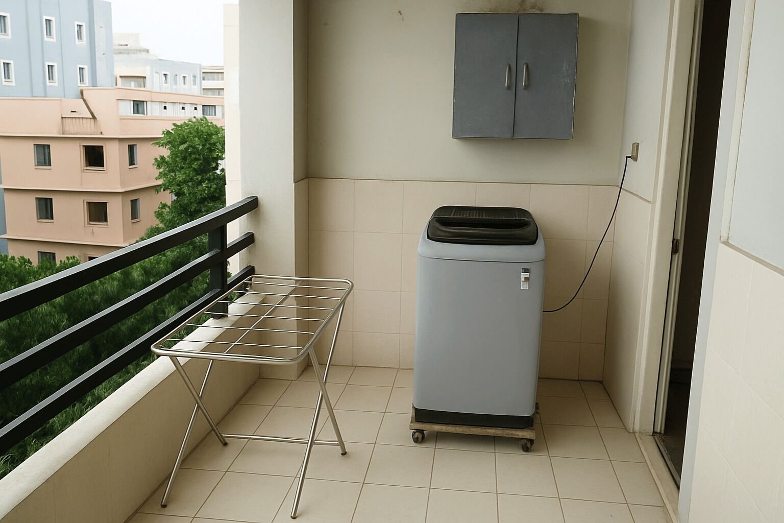 A balcony with a metal drying rack and a compact refrigerator.
