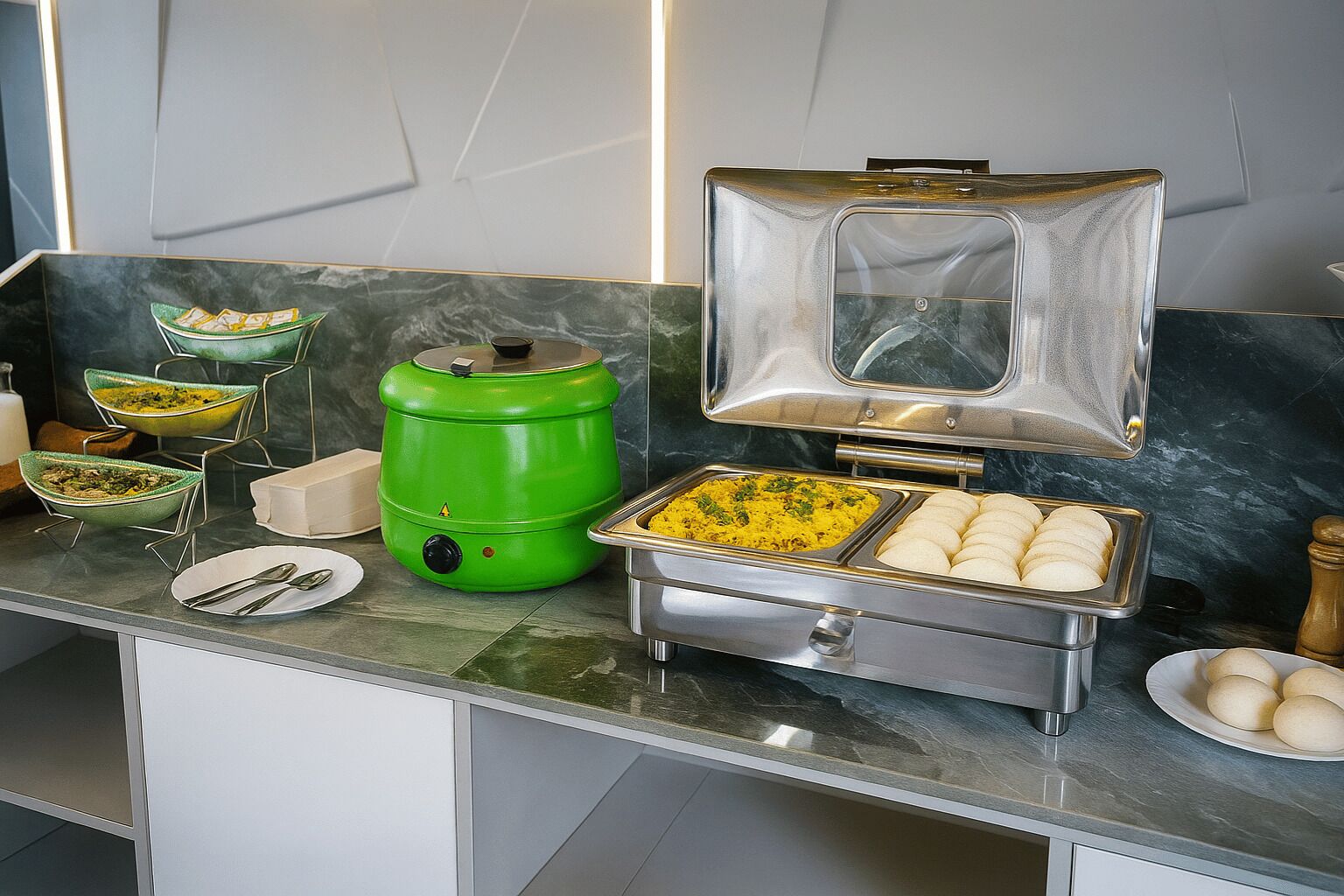 Een buffetopstelling met diverse gerechten, een groene slowcooker en een stoomtafel.