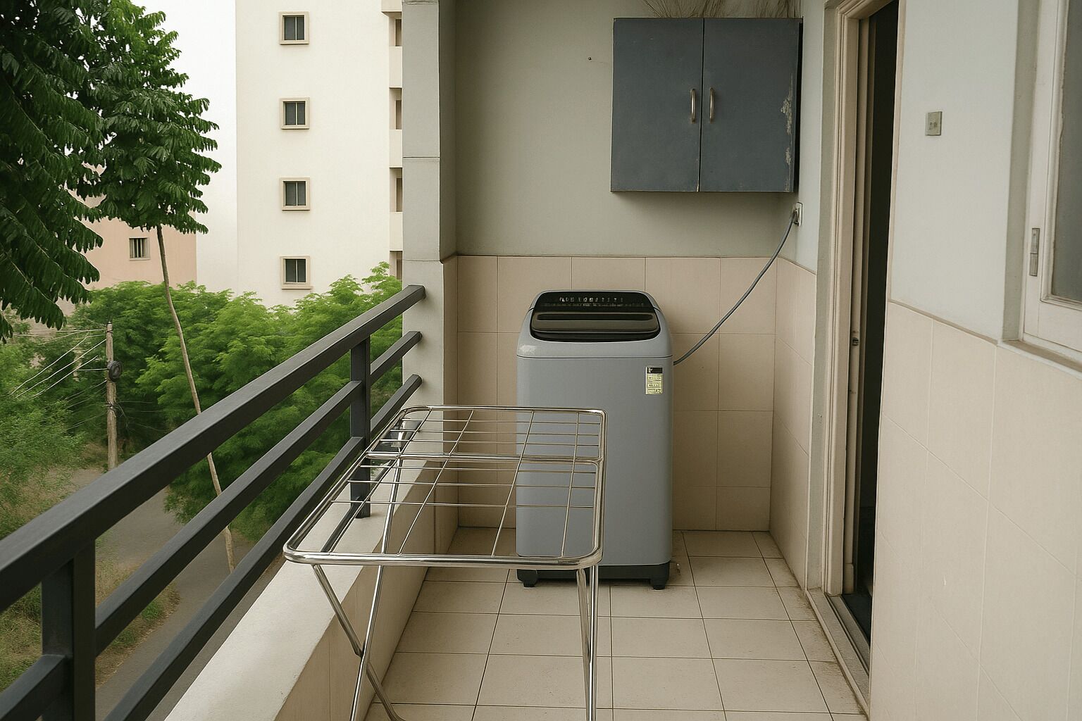 En balkon med et metal stativ til tøj, en grå aircondition og et gråt skab.