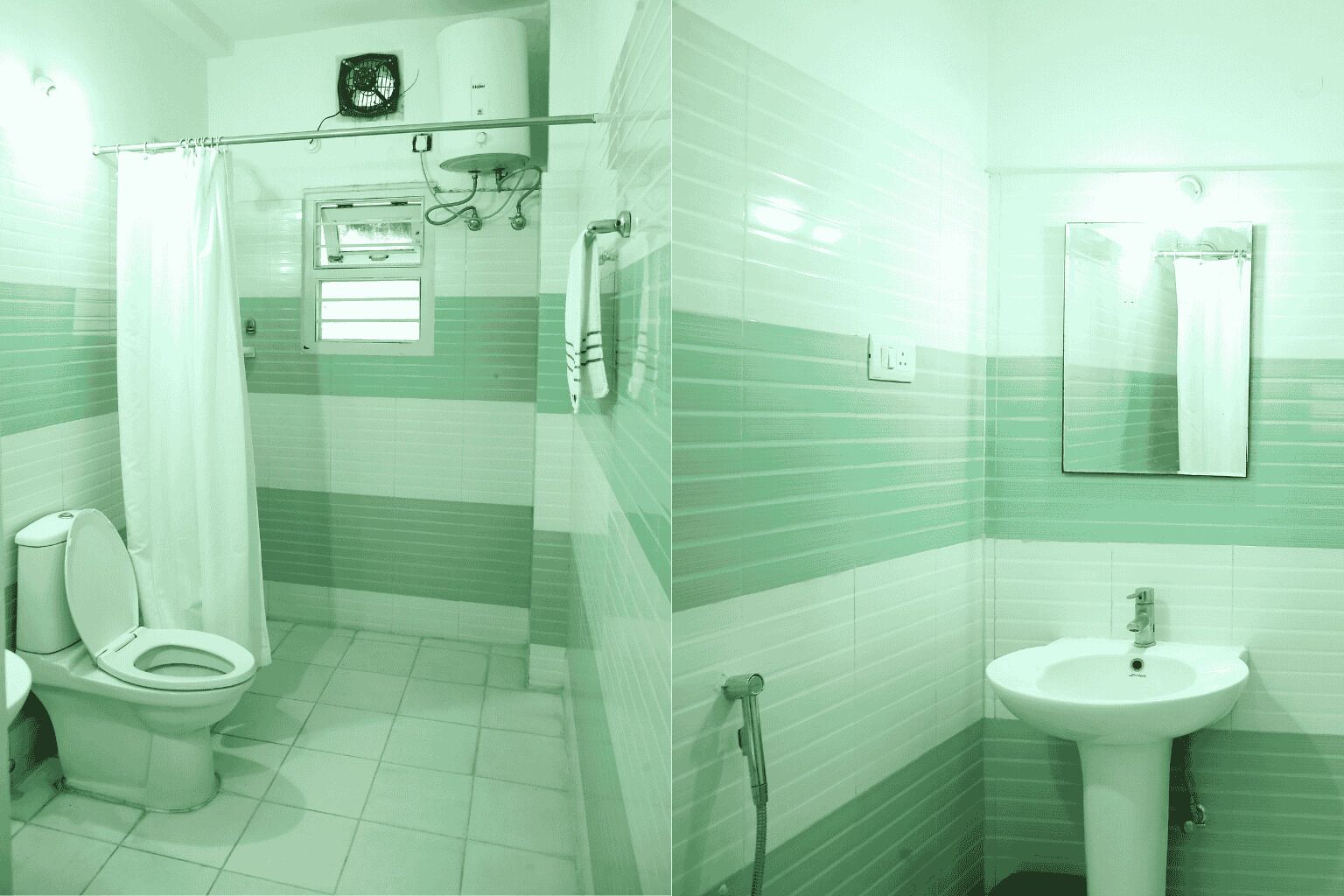 Un bagno con il water, doccia e lavandino.