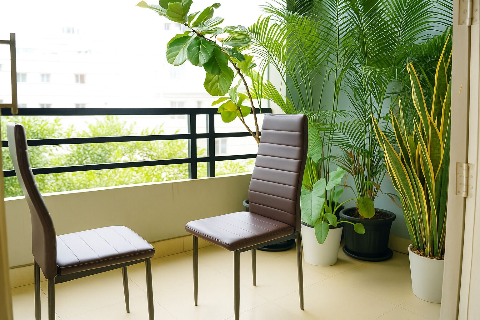 A balcony with two chairs, a potted plant, and a view of greenery.