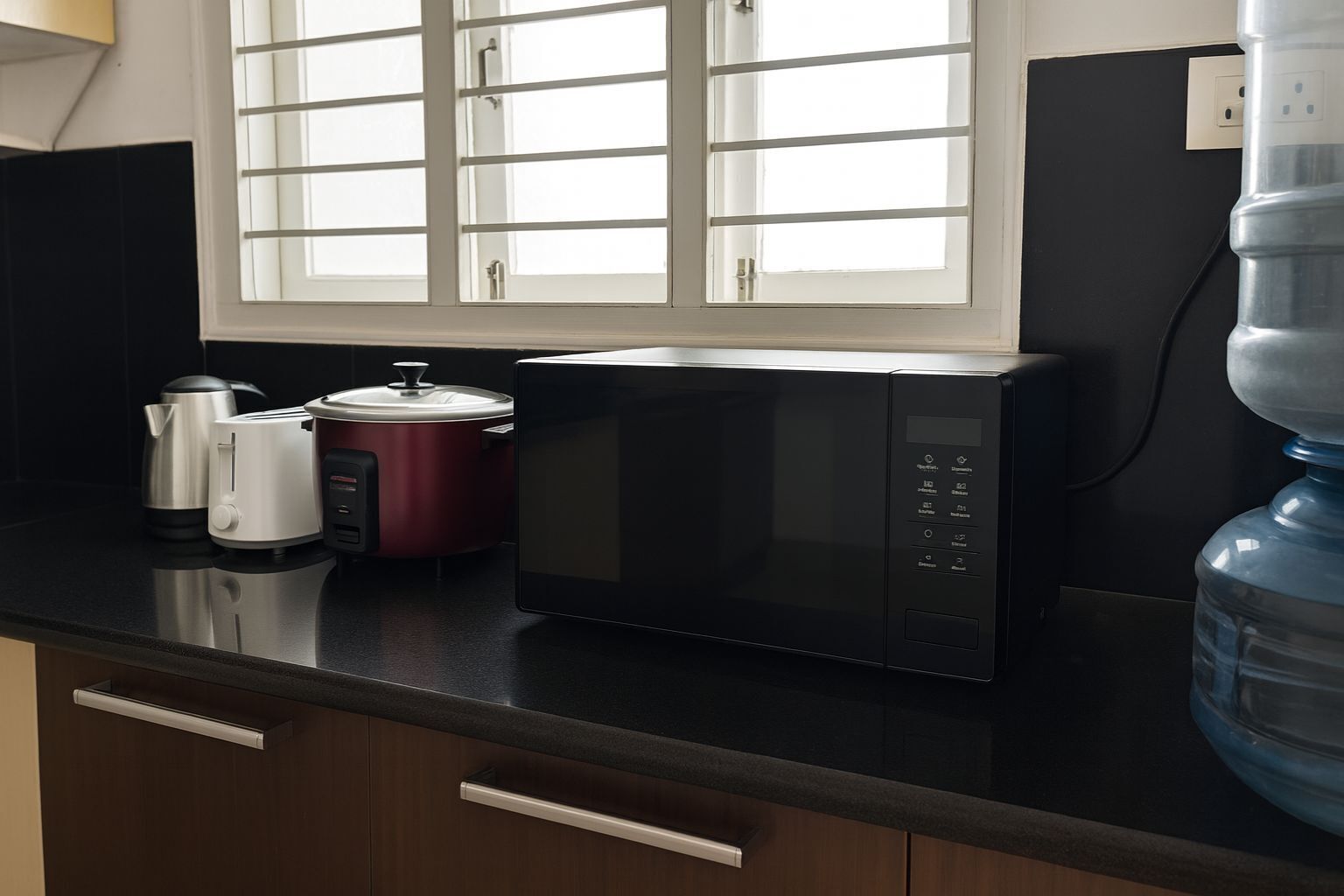 Une cuisine équipée d’un four à micro-ondes, d’une cocotte rouge et d’une bouilloire, le tout posé sur un plan de travail noir.