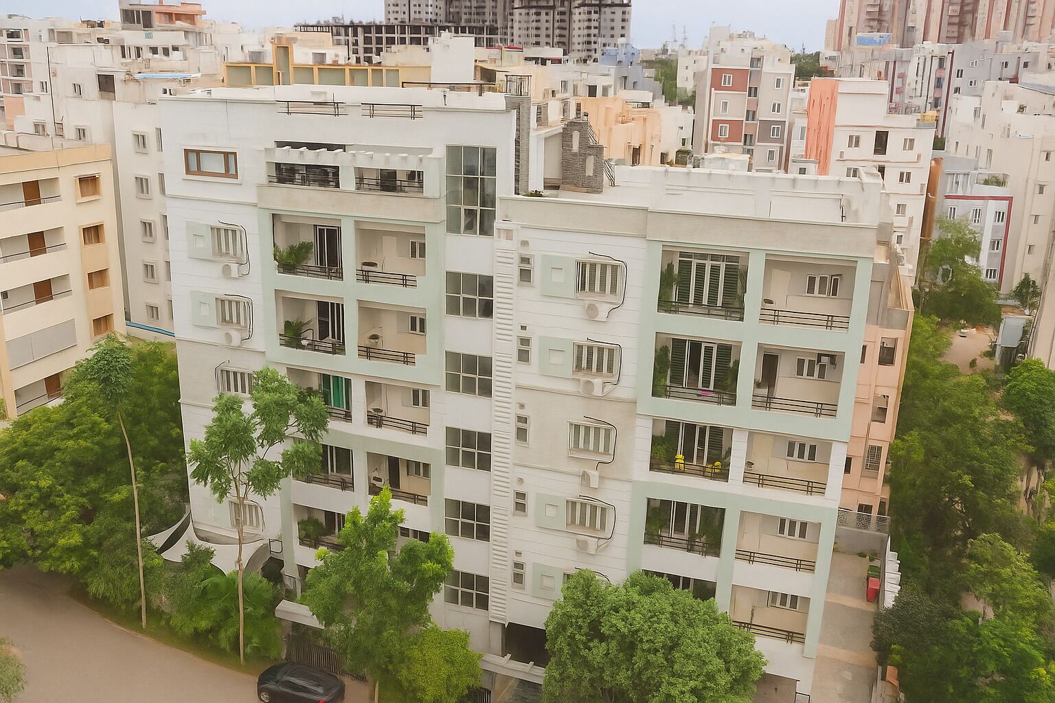 Un immeuble résidentiel à plusieurs étages, doté de balcons, de fenêtres et donnant sur la rue.