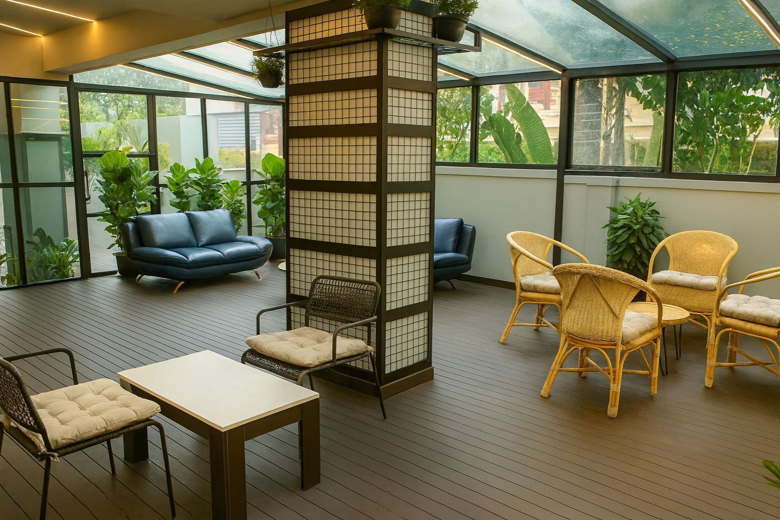 A spacious indoor area with a wooden floor, a glass ceiling, and a variety of seating including a table and chairs.