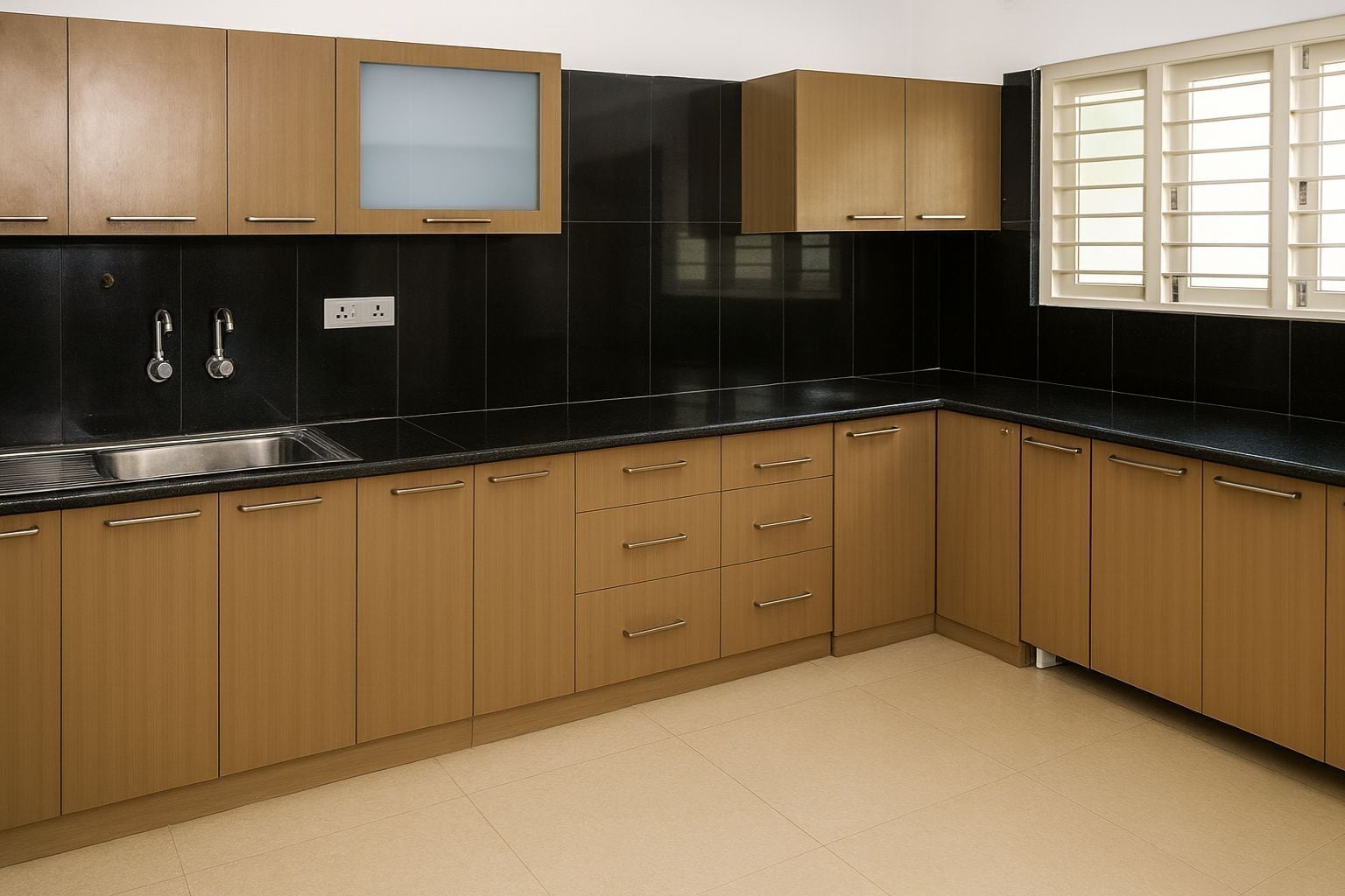 A kitchen with wooden cabinets, a black countertop, and a window with blinds.