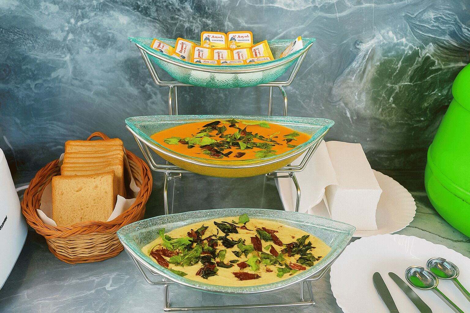 Un buffet con tre ciotole di vetro con zuppe, un cestino di pane e un contenitore verde.
