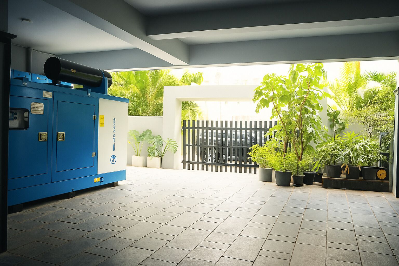 A clean, modern indoor space with a blue utility room, potted plants, and a gated entrance.