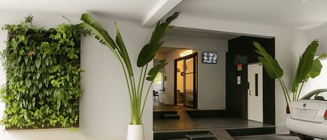 A modern hotel entrance with a green wall, a potted plant, a car parked outside, and a staircase leading to the interior.