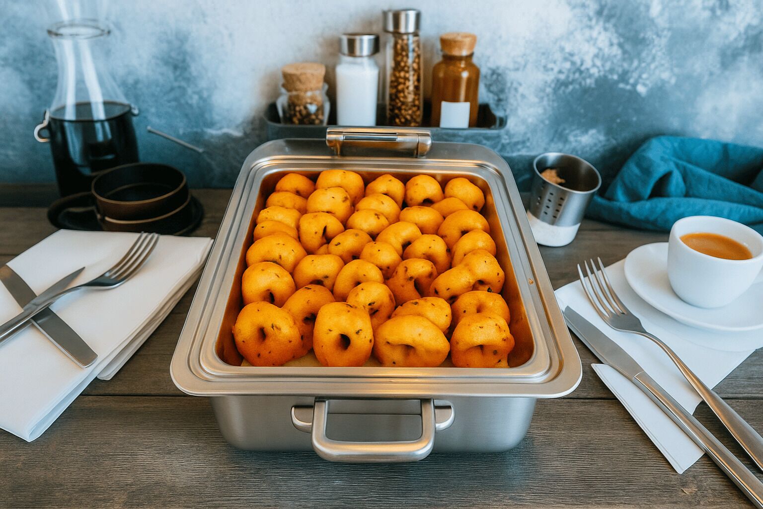 A buffet with a variety of food items, including a tray of orange-colored pastries, a coffee cup, and a glass container.