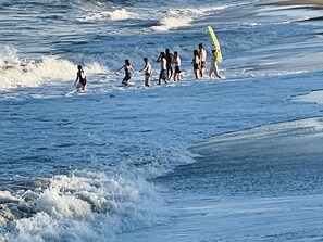 On the beach, sun-loungers