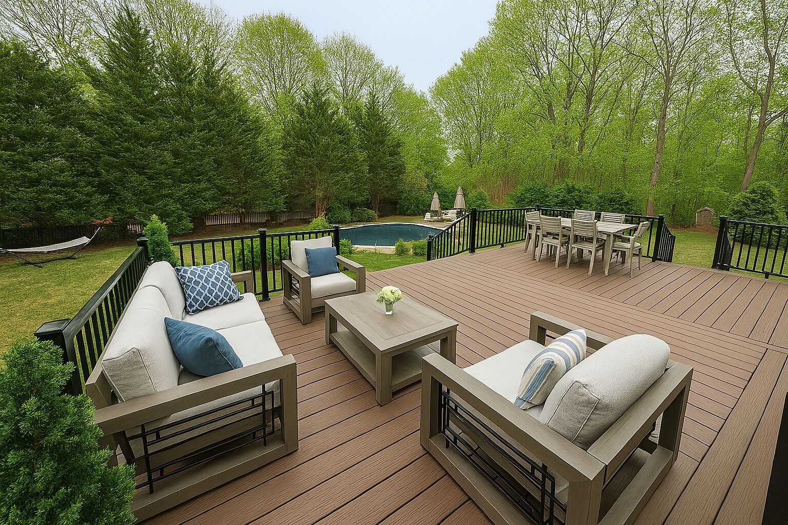 An outdoor deck with a pool, surrounded by lush greenery and furnished with sofas and a dining set.