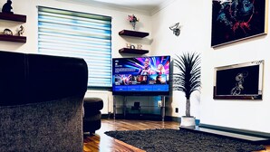 Un saló amb televisió de pantalla plana, terres de fusta, una catifa negra i una planta gran en test.