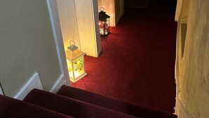 A staircase with a red carpet leading to a room with a white door. - Studio Sleeps 3 - Outdoor Space - Pet Friendly (London)