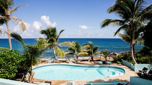 Una piscina con vistas al océano, rodeada de palmeras y sillones de descanso.