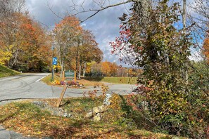 Der Eingang zu einem Golfplatz mit einem Schild, Bäumen im Herbstlaub und einer Straße.