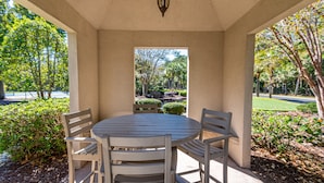 A covered outdoor patio with a round table and four chairs, surrounded by greenery and trees. - Great Location minutes from Golfing & the Beach! (Myrtle Beach)