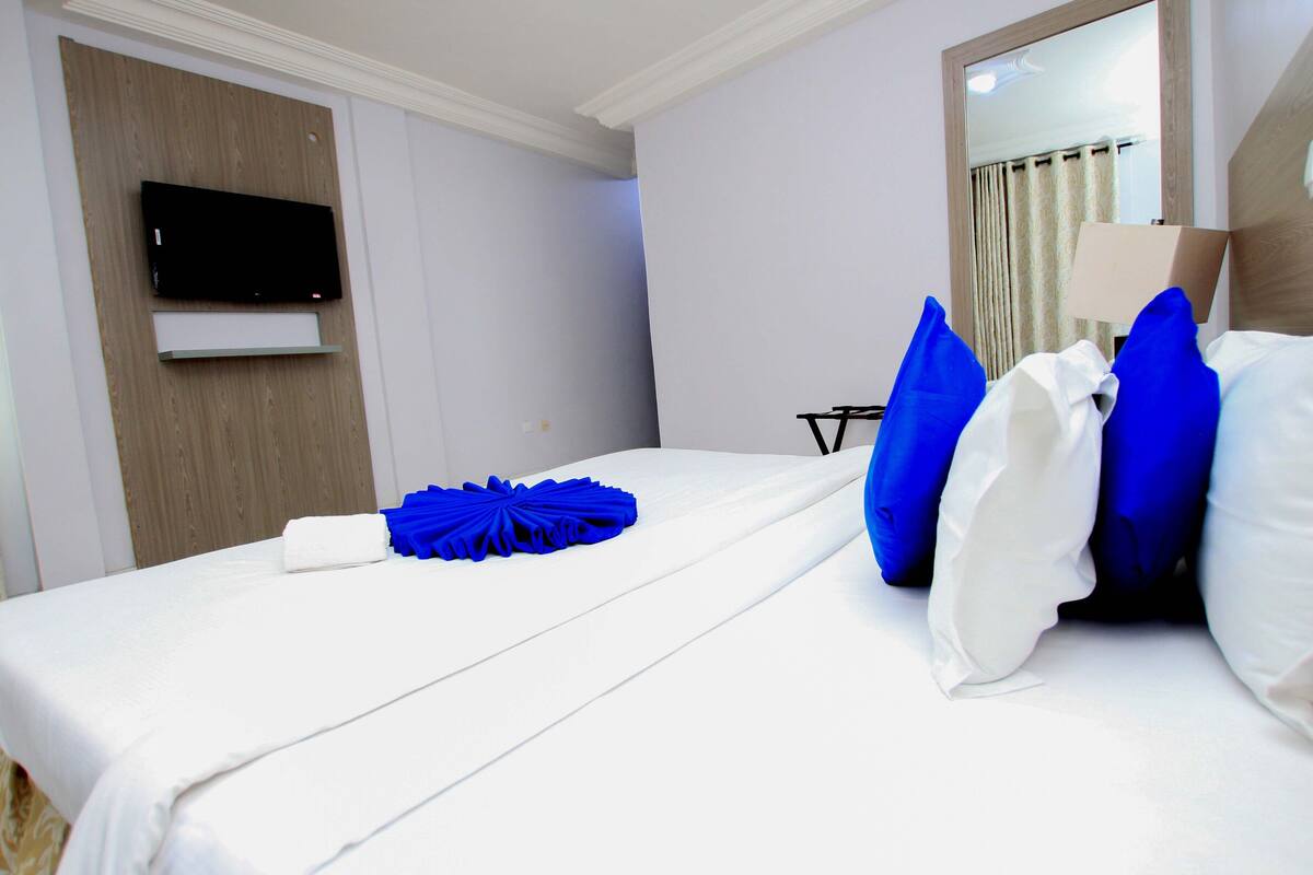 Habitación de hotel con una cama, un televisor de pantalla plana montado en la pared y un espejo sobre la cama.
