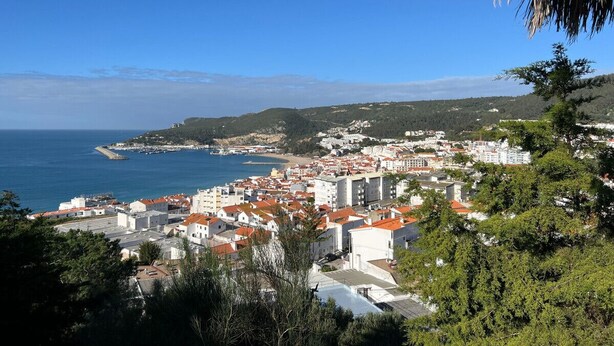 Eine Küstenstadt mit Gebäuden, einem Strand und blauem Himmel.