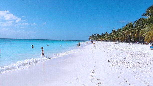 Una playa de arena blanca, agua turquesa cristalina y palmeras.