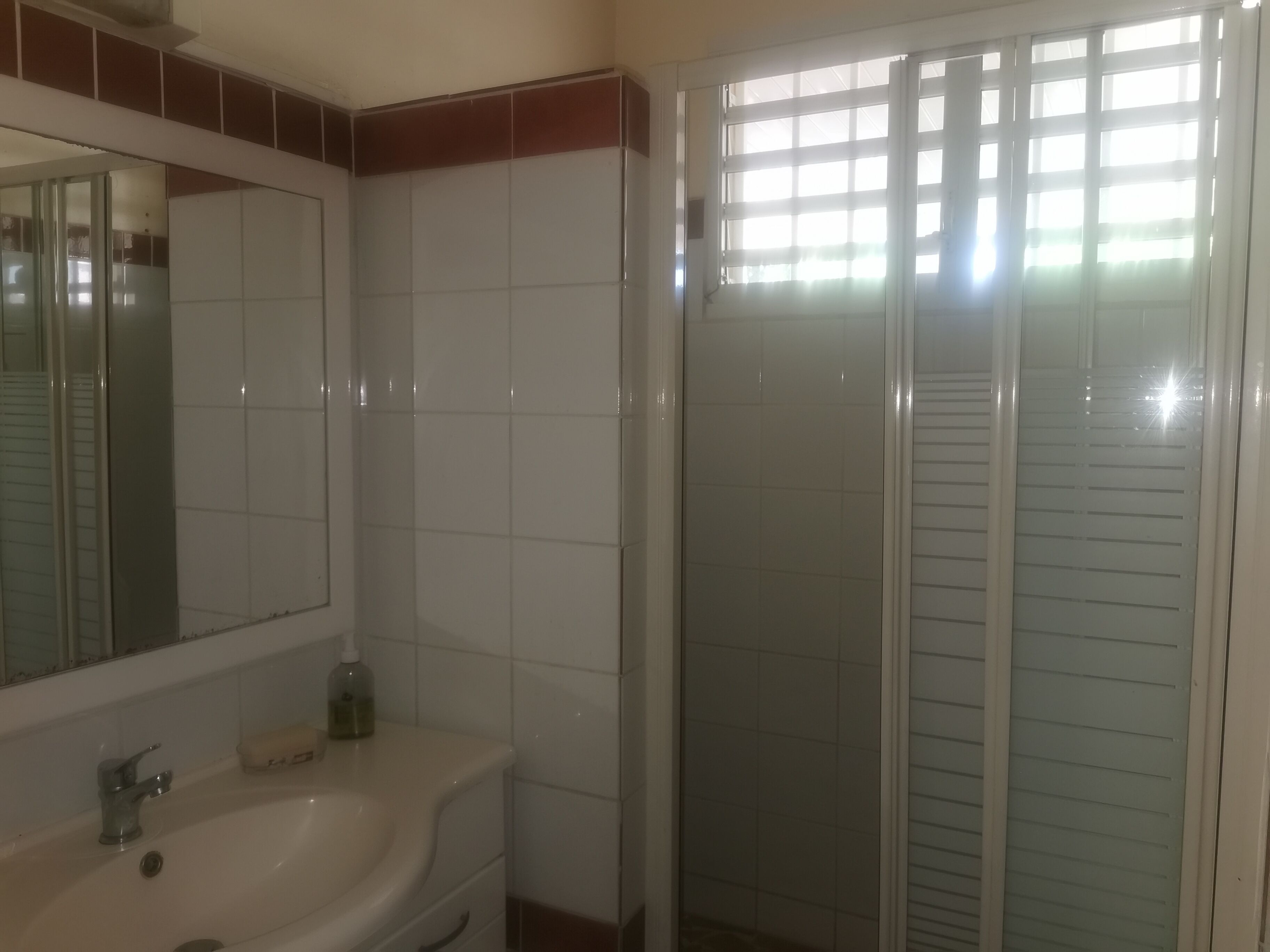 Ein Badezimmer mit Waschbecken, Spiegel und einer Duschkabine aus Glas.