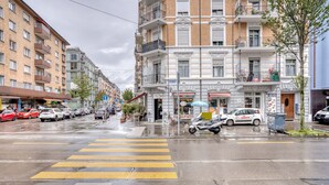 Vista de la calle con un paso de peatones, coches estacionados y edificios altos con balcones.
