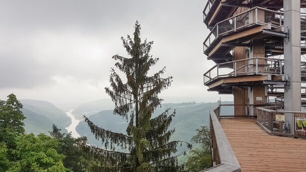 Une terrasse en bois avec une rambarde en métal, donnant sur une vallée où coule une rivière et où l’on aperçoit des montagnes au loin.