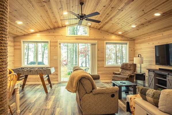 TV, DVD player, table football, books