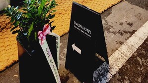 A hotel entrance with a black door marked "ENTER," a potted plant with a ribbon, and a signboard indicating the hotel name. - DAON HOTEL (Gimhae)