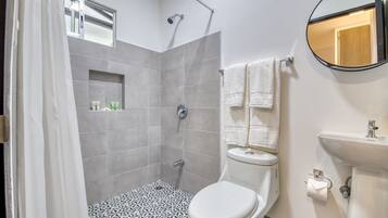 Shower, hair dryer, towels, soap